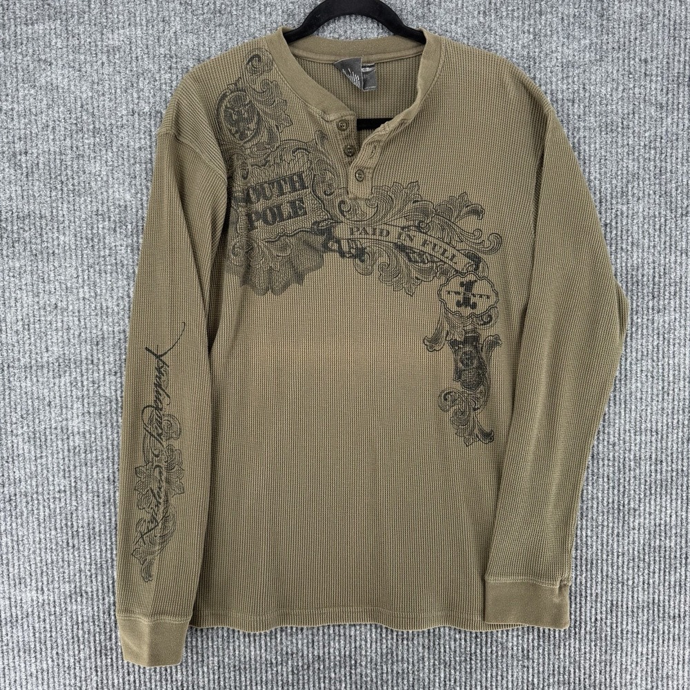 Vintage Y2K South Pole olive green henley Paid in Full long sleeve Large shirt